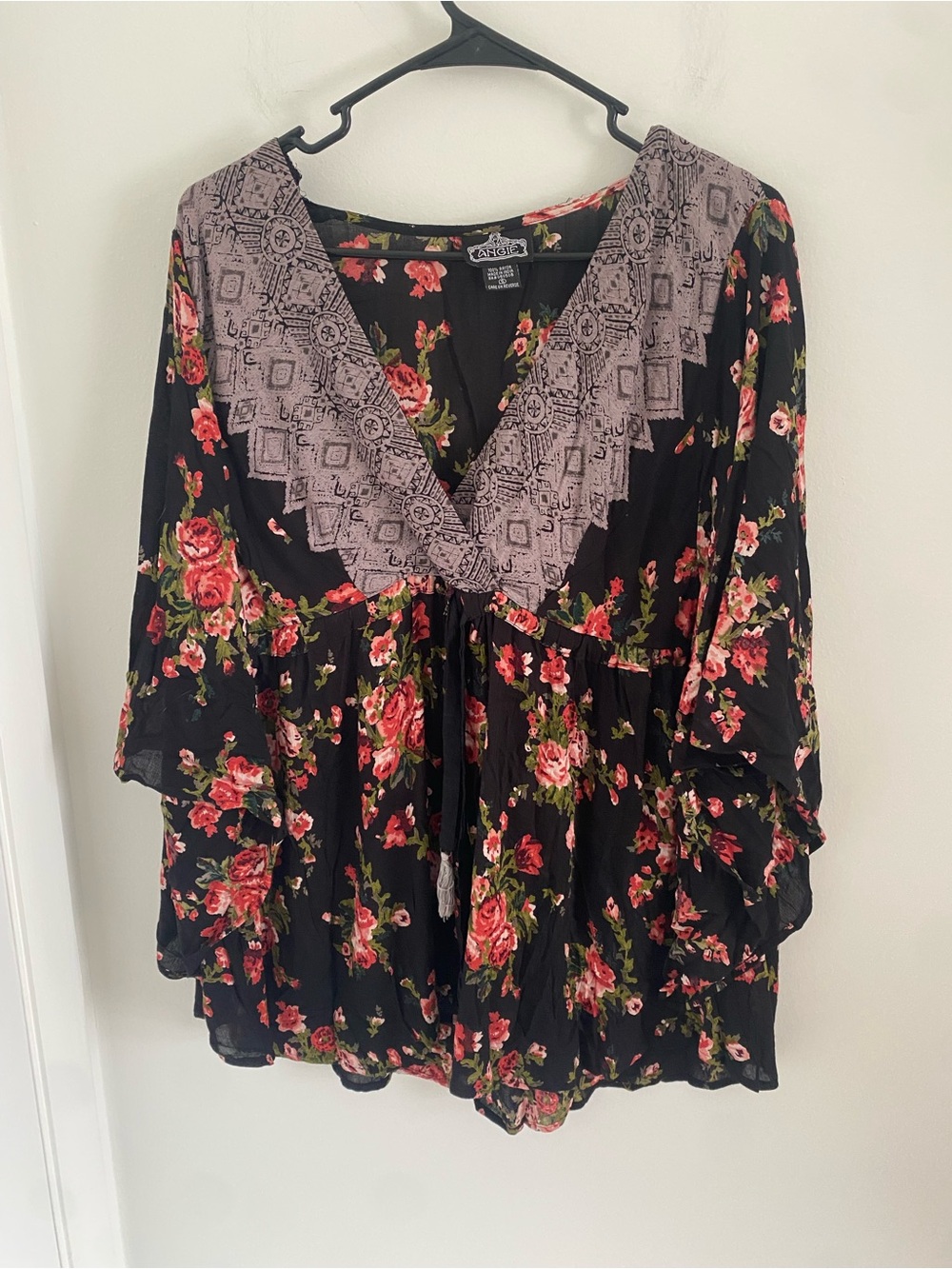 Angie Black Floral Tunic with Lavender Lace Yoke